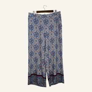Loft Women's Size L Floral Linen Blue Cotton Elastic Waist High Rise Crop Pants